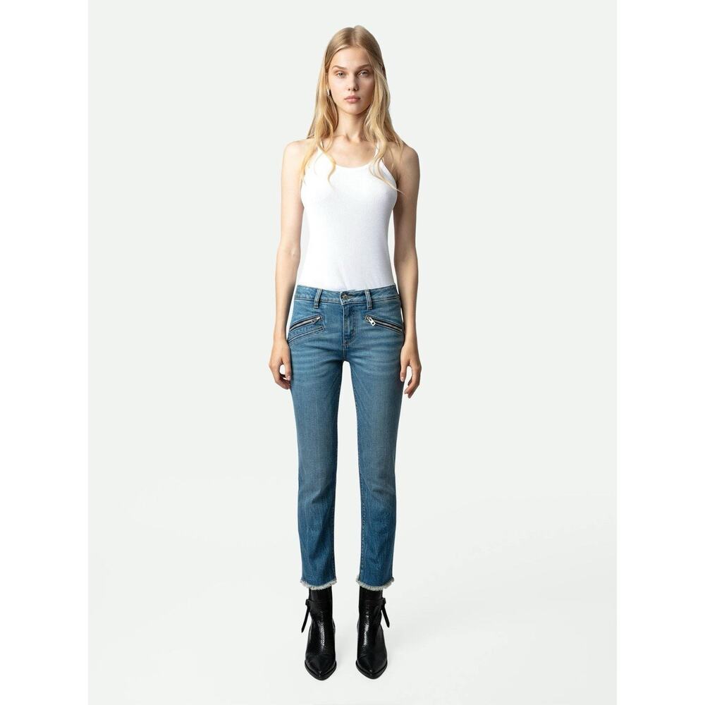 Zadig & Voltaire Ava Eco Denim Kick Flare Raw Hem Zip Detail Jeans Sz 25